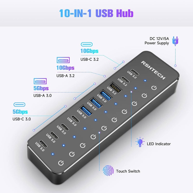 Rshtech 10 Ports Powered USB 3.2/USB C Hub Splitter 60W with 3 x 10Gbps USB 3.2 Ports (2C + 1A),7 x USB 3.0 Ports (4C + 3A), 3.3ft Cable and Individual Touch Switches for Laptop PC - Image 2